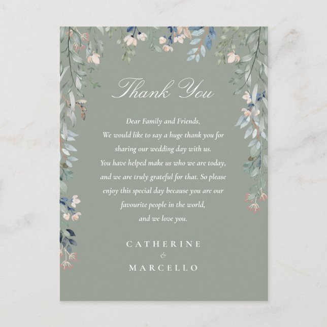 Postale Carte de remerciement de mariage florale vert saug (Devant)