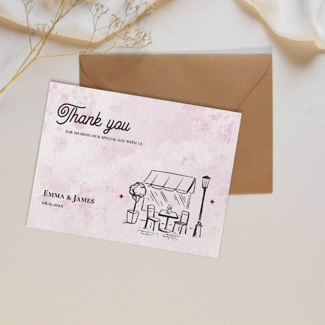 Postale Carte de remerciement de mariage illustration de c (Romantic Pink Café Illustration Wedding Thank You Postcard)