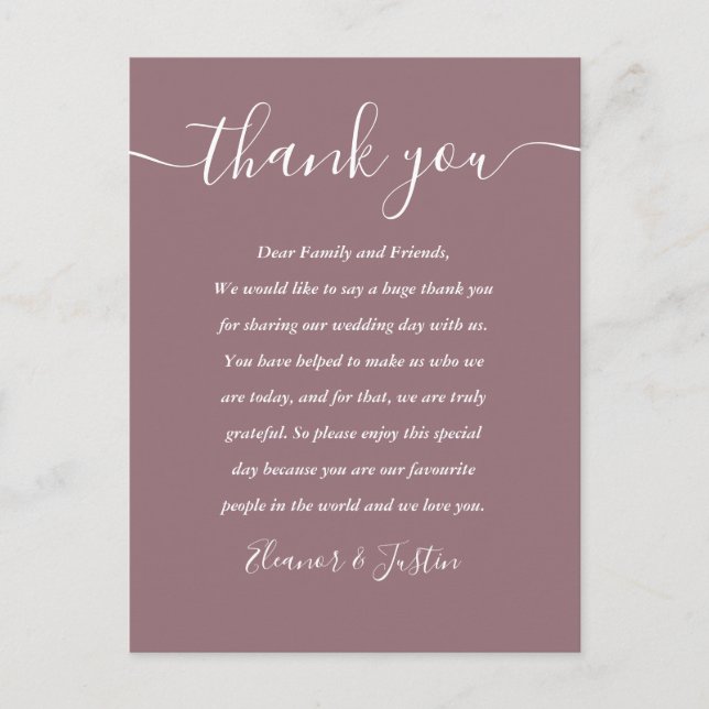 Postale Carte de remerciement de mariage mauve Script Than (Devant)
