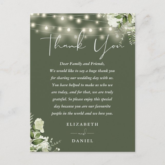Postale Carte de remerciement de mariage vert olive avec v (Devant)