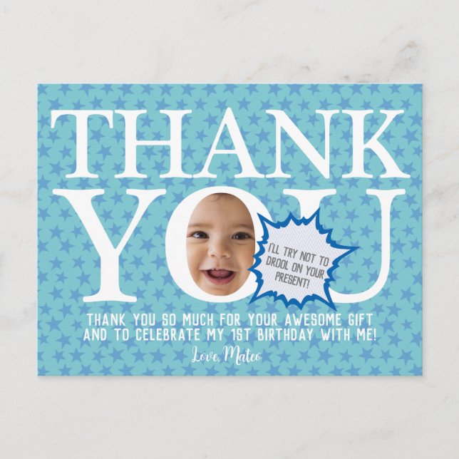 Postale carte de remerciement drôle bébé bleu | (Devant)