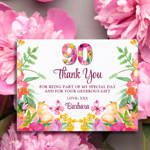 Postale Carte de remerciement florale élégante pour 90e an