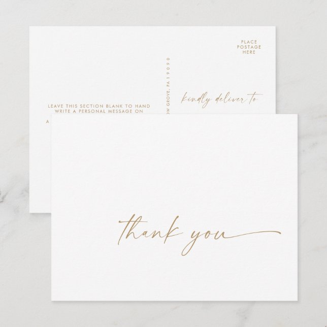 Postale Carte de remerciement moderne avec écriture dorée (Devant / Derrière)