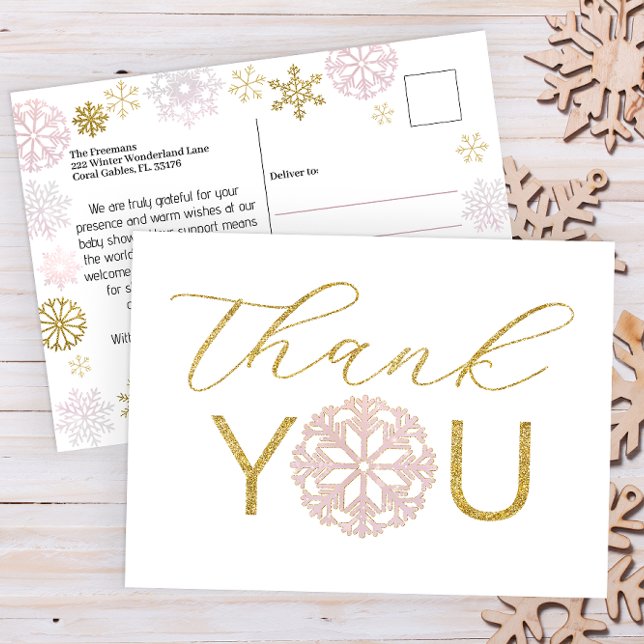 Postale Carte de remerciement pour Baby Shower Flocon de n (Pink & Gold Winter Wonderland Baby Shower Thank You Postcard)
