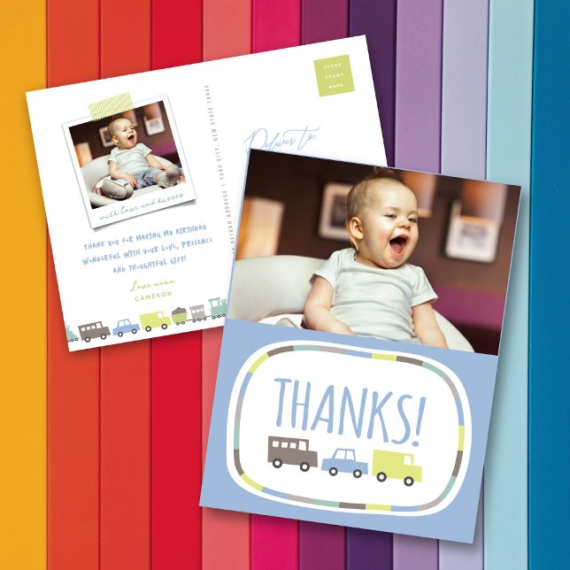 Postale Carte de remerciement pour l'anniversaire d'un gar (Boys Toys Pastel Blue Transport Kid's Birthday Party Photo Thank You Postcard by fatfatin @ Zazzle)