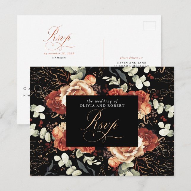 Postale Carte de réponse de mariage noir Fleurs en terre c (Devant / Derrière)