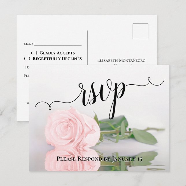 Postale Carte de réponse de mariage Rose romantique à refl (Devant / Derrière)