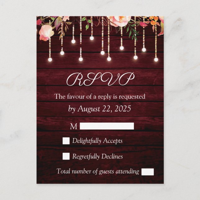 Postale Carte de réponse de mariage rustique en bois marro (Devant)