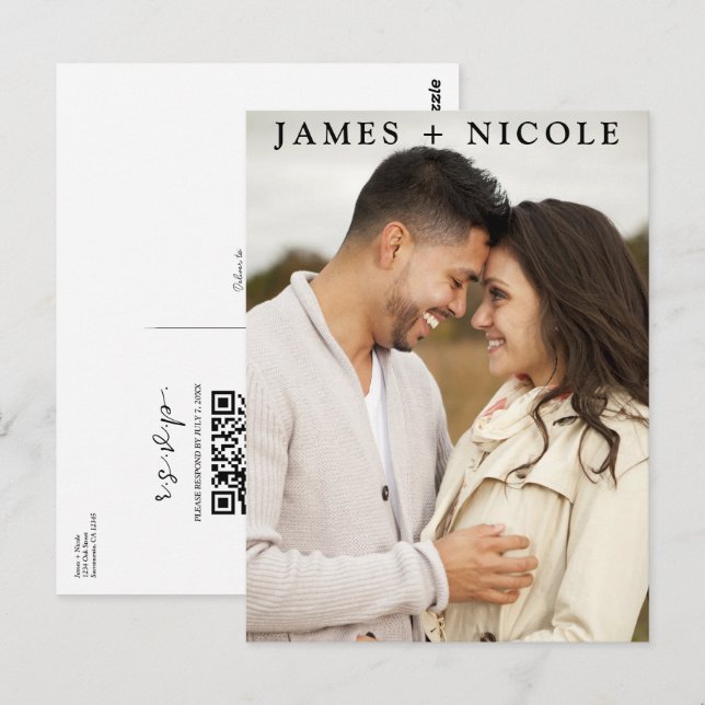 Postale Carte de réponse de mariage scannable par code QR  (Devant / Derrière)