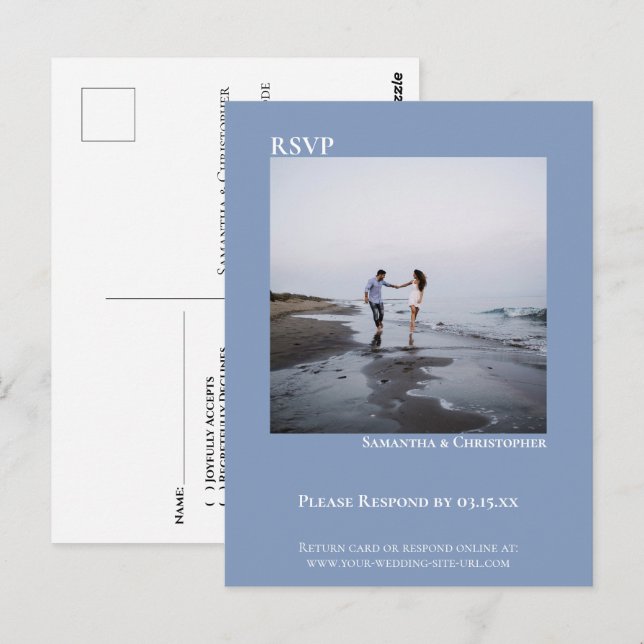 Postale Carte de réponse de mariage simple et moderne bleu (Devant / Derrière)