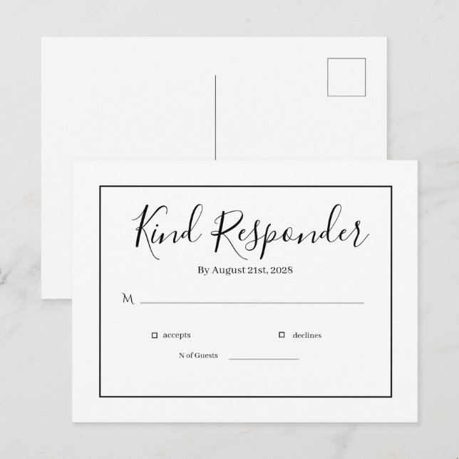 Postale Carte de réponse minimale élégante pour mariage (Devant / Derrière)