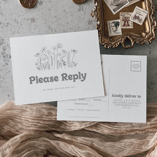Postale Carte de réponse minimale grise à motif de fleurs  (Créateur téléchargé)