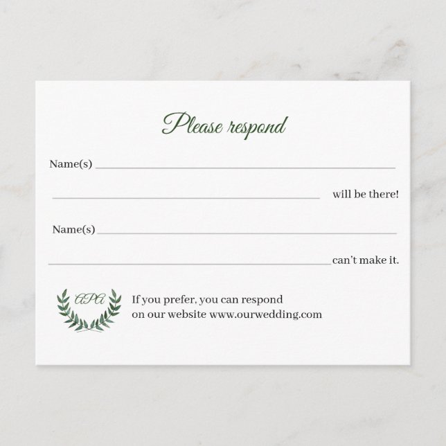 Postale Carte de réponse RSVP à motif de branches vertes (Devant)