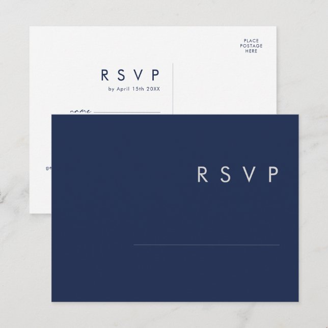 Postale Carte de réponse RSVP moderne bleu marine | argent (Devant / Derrière)