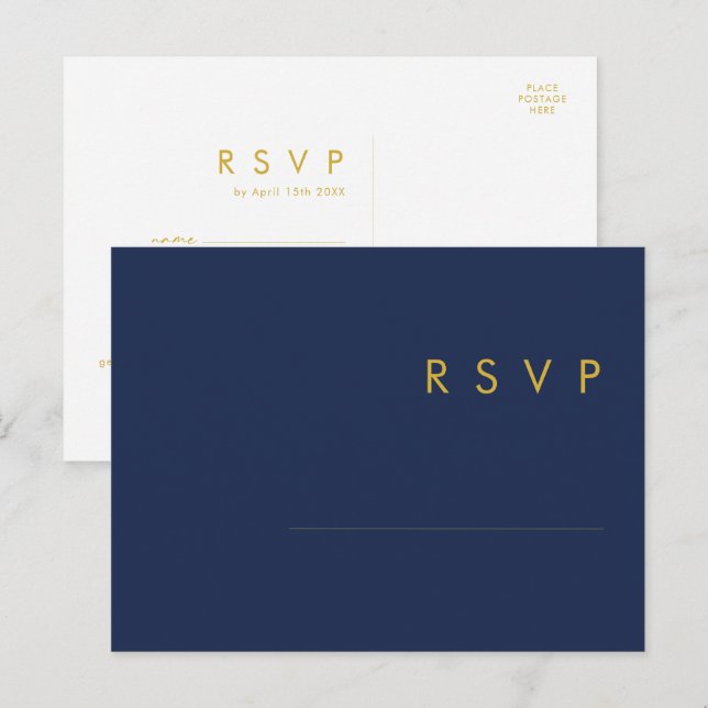 Postale Carte de réponse RSVP moderne bleu marine | or pou (Devant / Derrière)