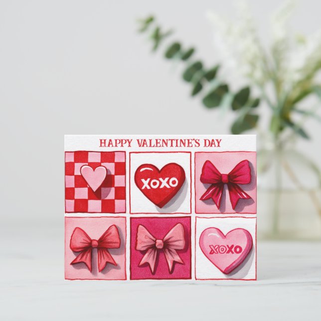 Postale Carte de Saint-Valentin rose et rouge XOXO (Debout devant)
