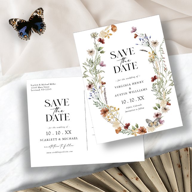 Postale Carte de sauvegarde de date Boho White (Elegant Boho White Floral Save The Date Postcard by Painted Paperie)
