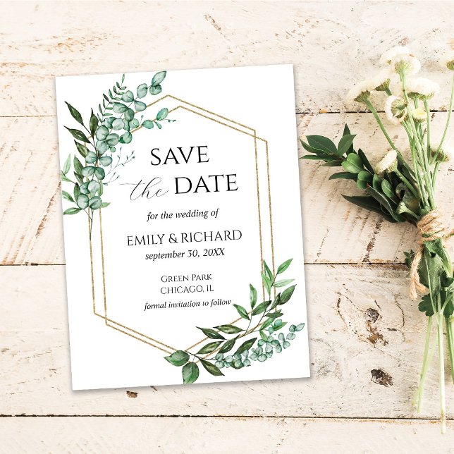 Postale Carte de sauvegarde de date Eucalyptus Verdure Or (Créateur téléchargé)