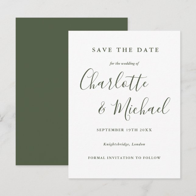 Postale Carte de sauvegarde de mariage en écriture vert ol (Devant / Derrière)