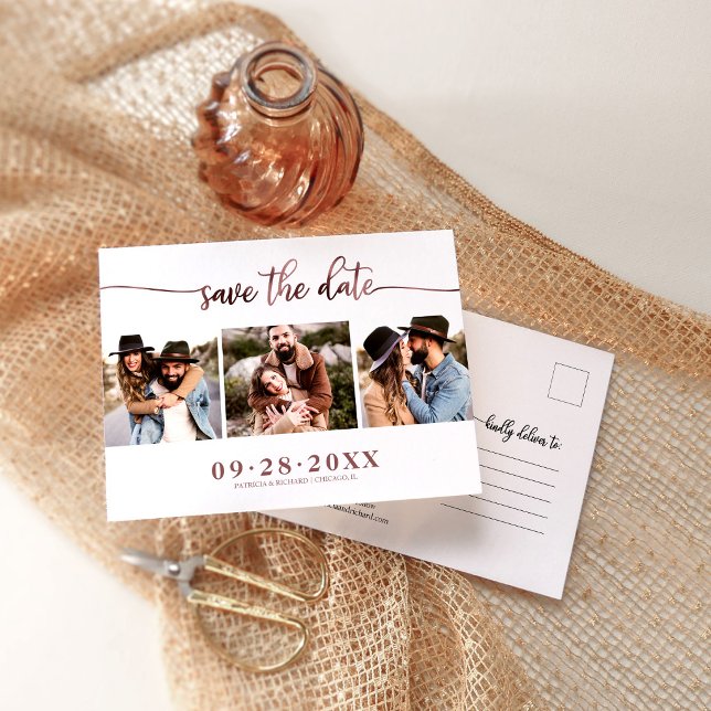 Postale Carte de sauvegarde de mariage moderne à 3 photos  (Créateur téléchargé)