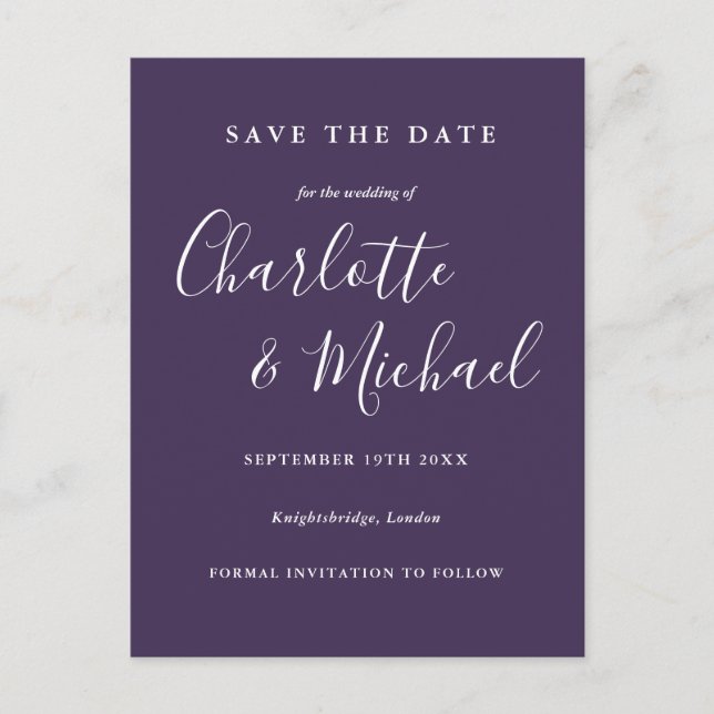 Postale Carte de sauvegarde de mariage violet de script à  (Devant)