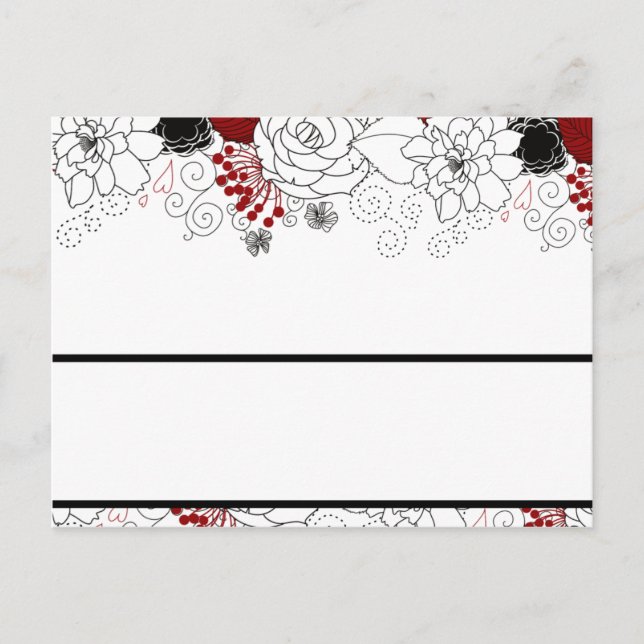 Postale Carte de table écrite Fleurs noires Feuilles rouge (Devant)