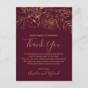 Postale Carte de table en Merci doré et bordeaux floral