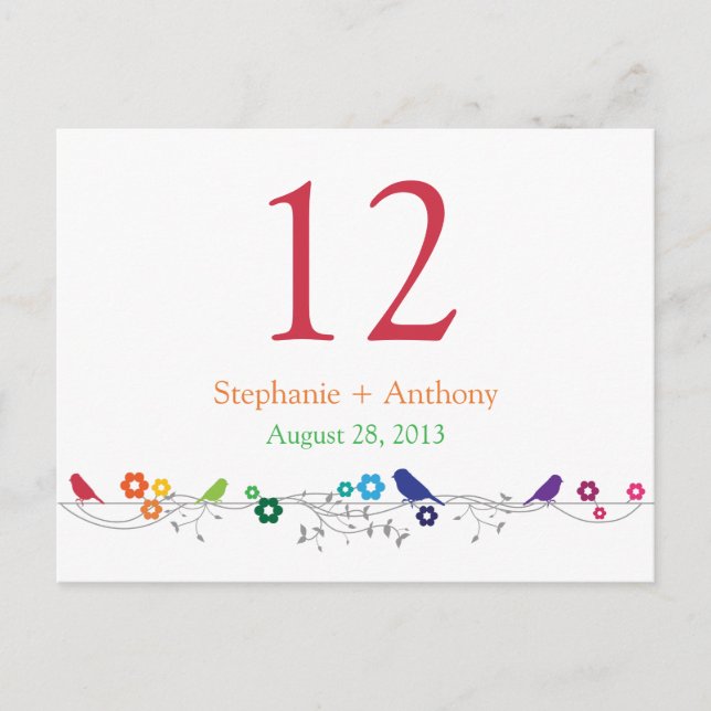 Postale Carte de table Mariage Rainbow Theme Birds Fleurs (Devant)