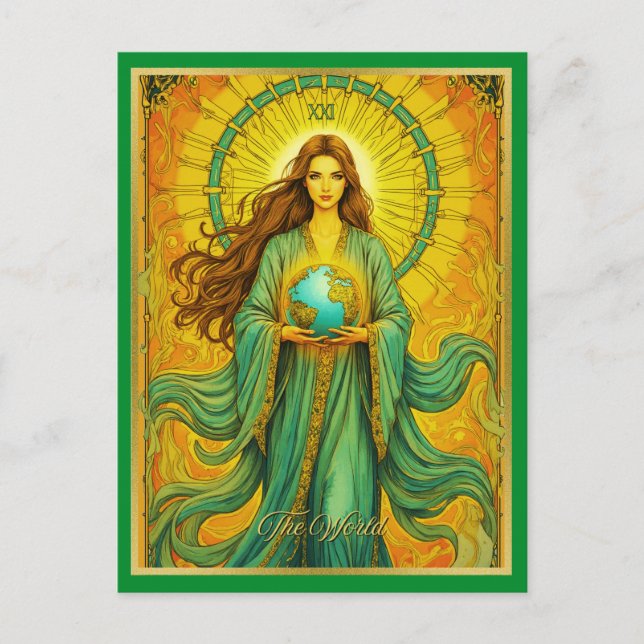 Postale Carte de tarot Art Nouveau Le Monde (Devant)