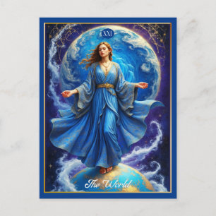 Postale Carte de Tarot, le Monde, en Bleu Profond 