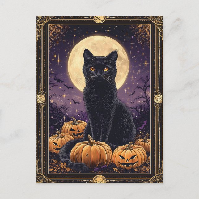 Postale Carte de tarot thématique Halloween avec un chat n (Devant)