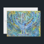 Postale Carte de voeux Blue Menorah (Vierge à l'intérieur)<br><div class="desc">L'oeuvre originale de cette menorah est une peinture mixte créée avec de la peinture acrylique,  de la pâte de modélisation et du papier de l'artiste juif contemporain Meredith Gould.</div>