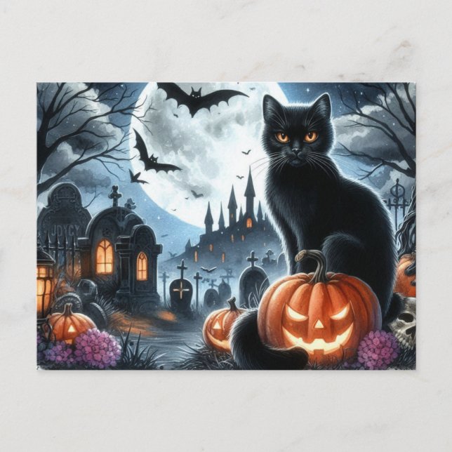 Postale Carte de vœux chat noir Halloween effrayant (Devant)
