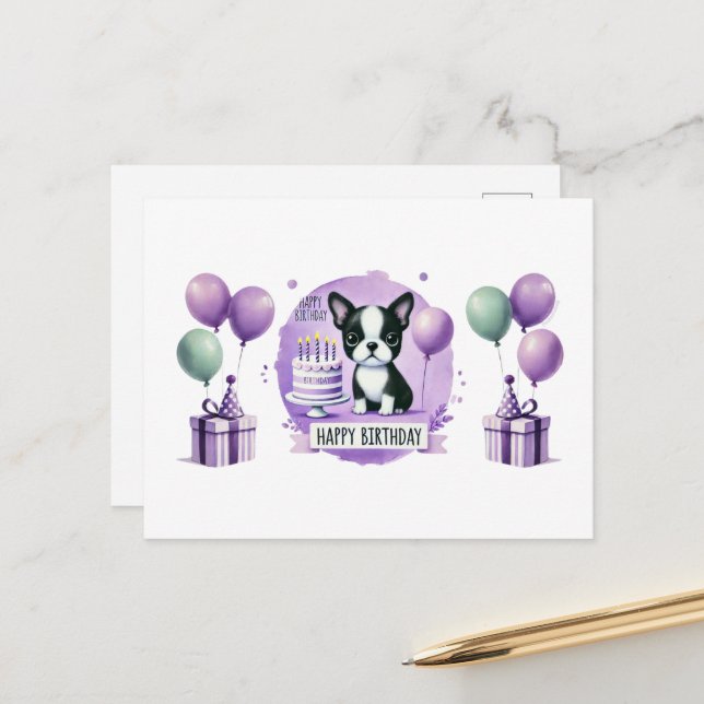 Postale Carte de vœux d'anniversaire Boston Terrier (Devant/Arrière en situation)