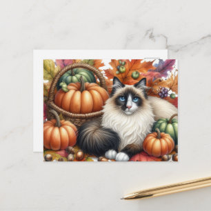 Postale Carte de vœux d'automne avec un chat Ragdoll heure
