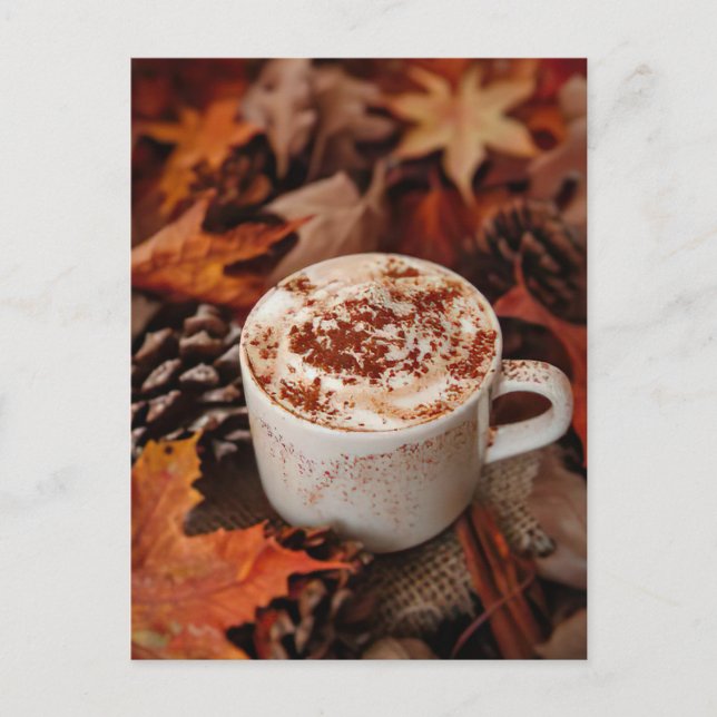Postale carte de vœux d'automne chocolat chaud et feuilles (Devant)