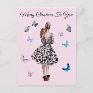 Postale Carte de vœux de Noël 1950 Femme aux papillons