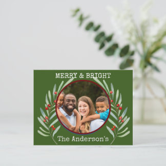 Postale Carte de vœux de Noël Merry & Bright 1 photo Holly