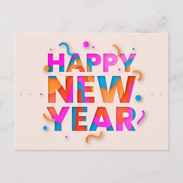 Postale Carte de vœux de Nouvel An (A digital art piece features the words "HAPPY NEW YEAR" cut out from a light peach background.)
