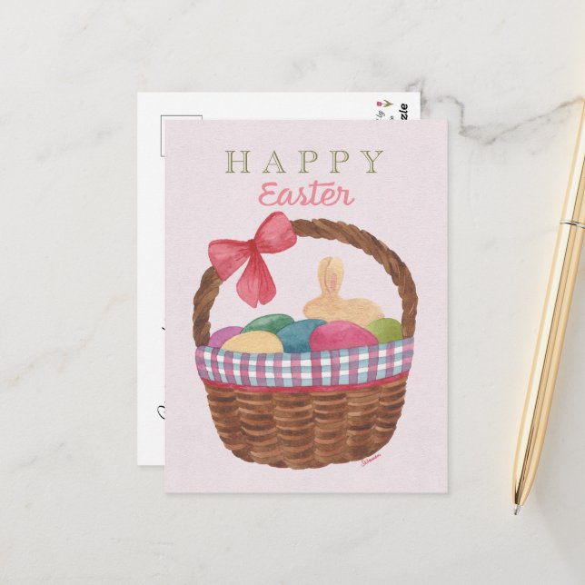 Postale Carte de vœux de Pâques - Lapin doré et œufs (Devant/Arrière en situation)