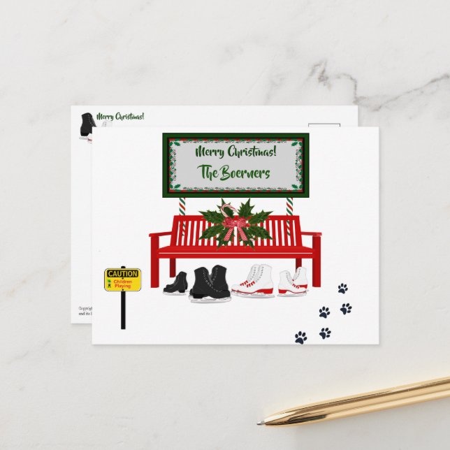 Postale Carte de vœux de patinage à glace de Noël joyeux (Devant/Arrière en situation)