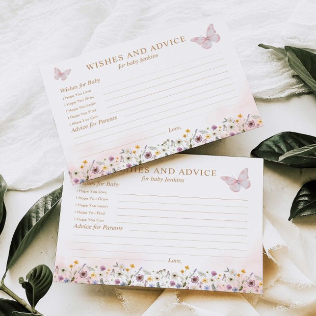 Postale Carte de Vœux et Conseils pour Baby Shower Papillo (Wishes and Advice Butterfly and wildflower theme card)