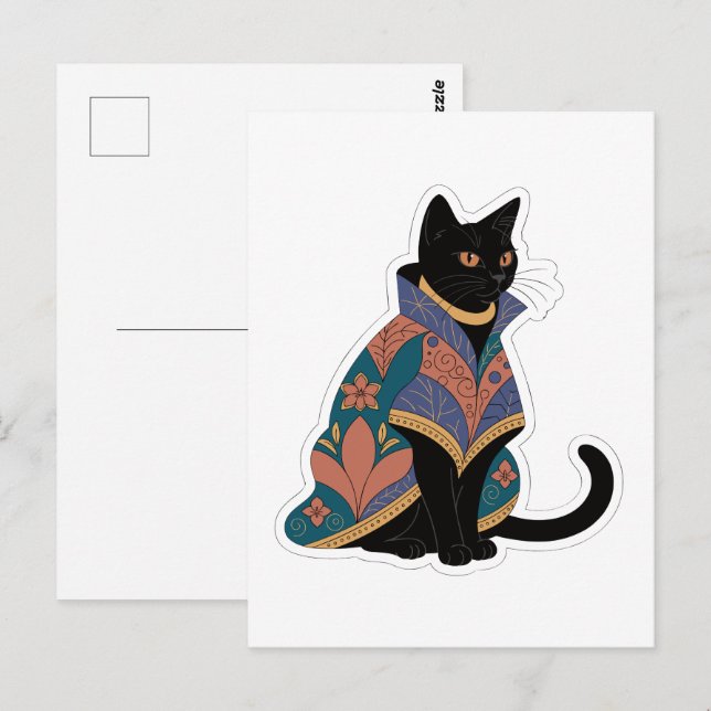 Postale Carte de vœux féline botanique aux tons de joaille (Devant / Derrière)