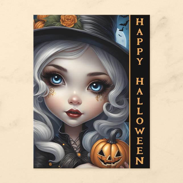 Postale Carte de vœux Halloween avec sorcière et citrouill (🧙‍♀️ Spooky Greetings: Witch Doll Halloween Postcard! 🎃)