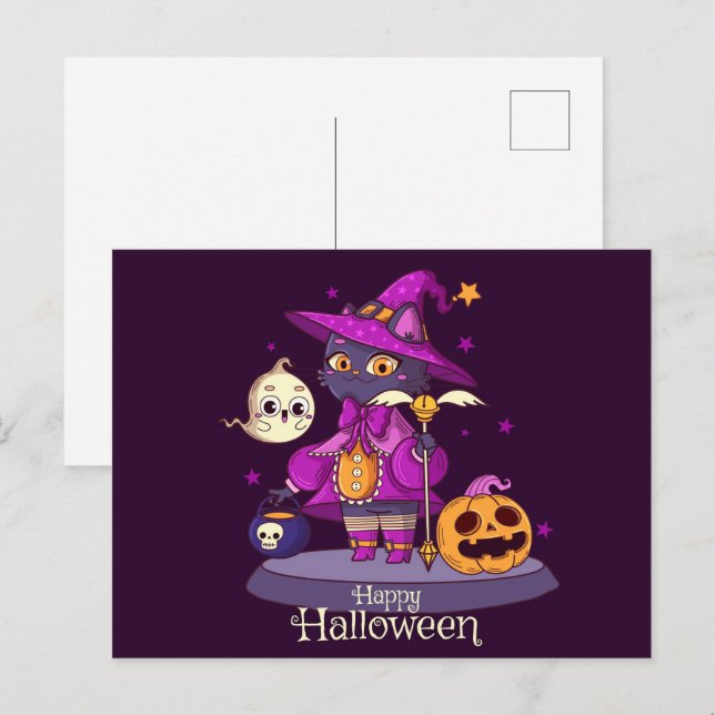 Postale Carte de vœux Halloween Chat Noir Mignon (Devant / Derrière)