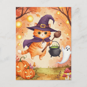 Postale Carte de vœux Halloween Chat Sorcière Roux Mignon