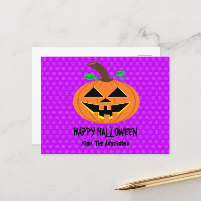 Postale Carte de vœux Halloween citrouille joyeuse (Devant/Arrière en situation)