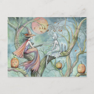 Postale Carte de vœux Halloween de sorcière et fantôme