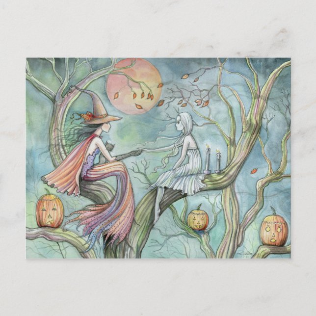 Postale Carte de vœux Halloween de sorcière et fantôme (Devant)