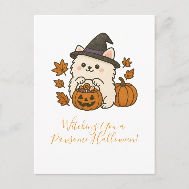 Postale Carte de voeux Halloween - Pomeranian avec chapeau (Devant)